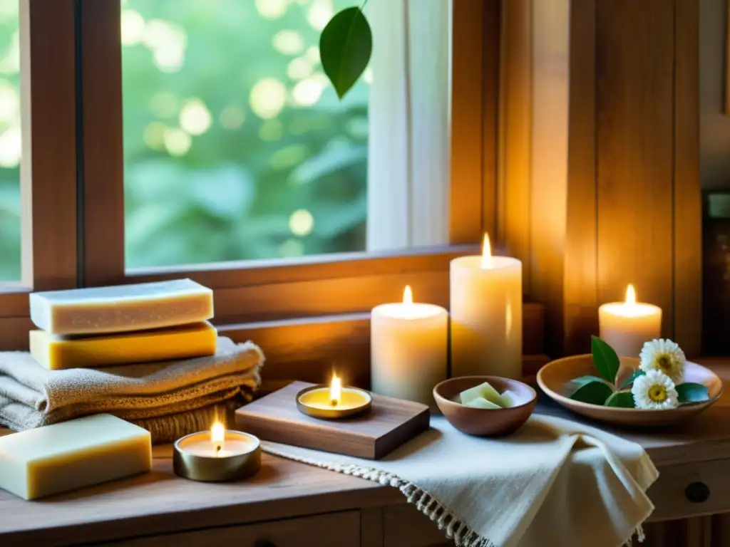 Una fotografía de productos artesanales estacionales cuidadosamente dispuestos sobre una mesa de madera rústica, bañados por la cálida luz del sol y rodeados de naturaleza exuberante