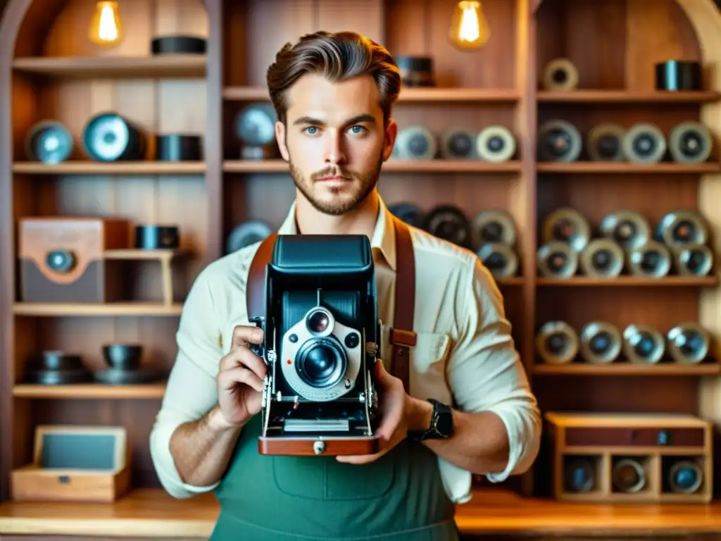 Un fotógrafo artesanal en Instagram, componiendo cuidadosamente su toma con una cámara clásica en un ambiente vintage y bohemio