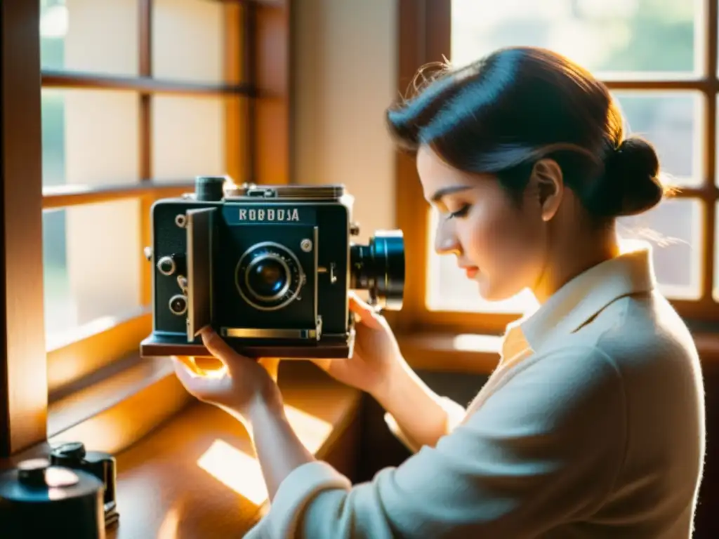 Un fotógrafo ajusta una cámara clásica con luz natural, mostrando la artesanía de la fotografía análoga