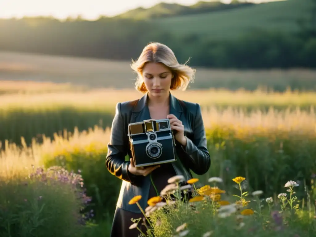 Un fotógrafo en un campo soleado, sosteniendo una cámara clásica entre altos pastos y flores silvestres