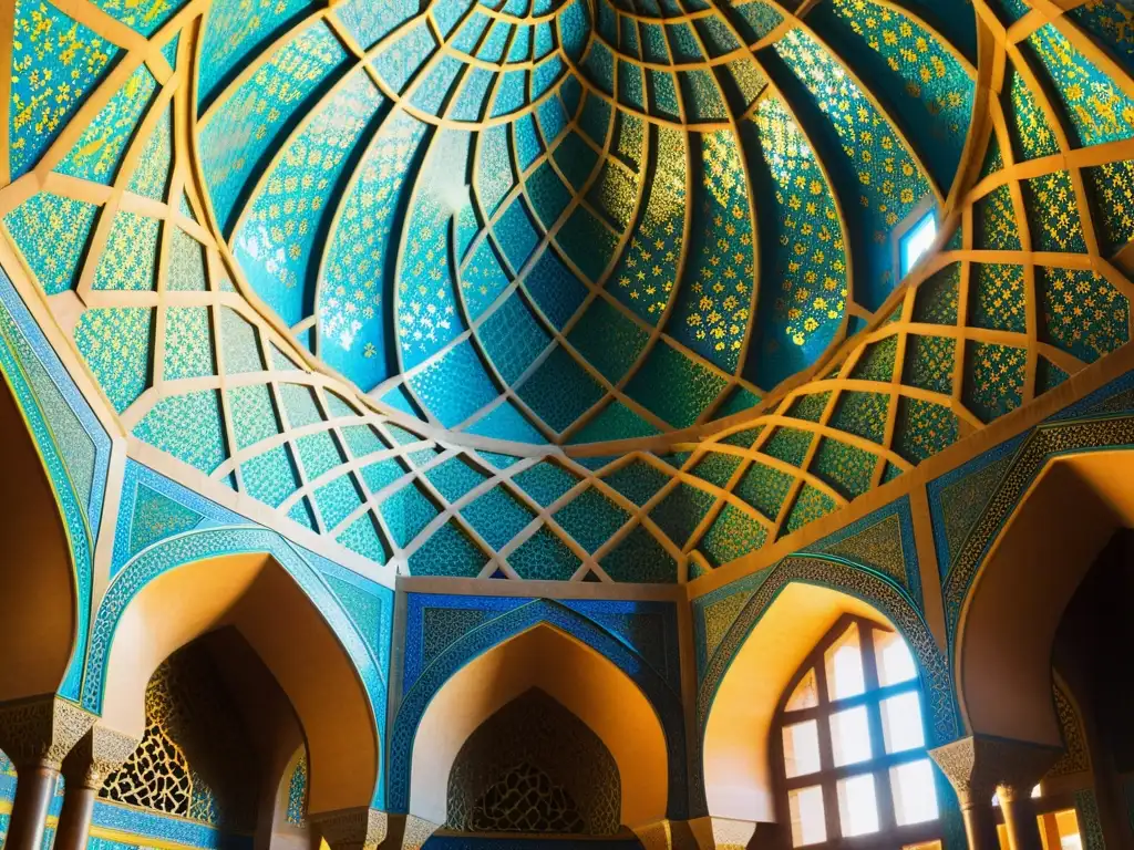 Geometría Sagrada Islámica en Arquitectura: Detalles geométricos intrincados iluminados por la luz del sol en la mezquita Sheikh Lotfollah en Isfahán, Irán