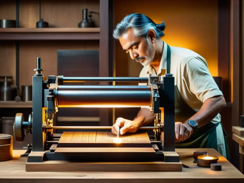 Un grabador experto da vida a una impresión tradicional en una prensa vintage en un estudio cálido y atmosférico