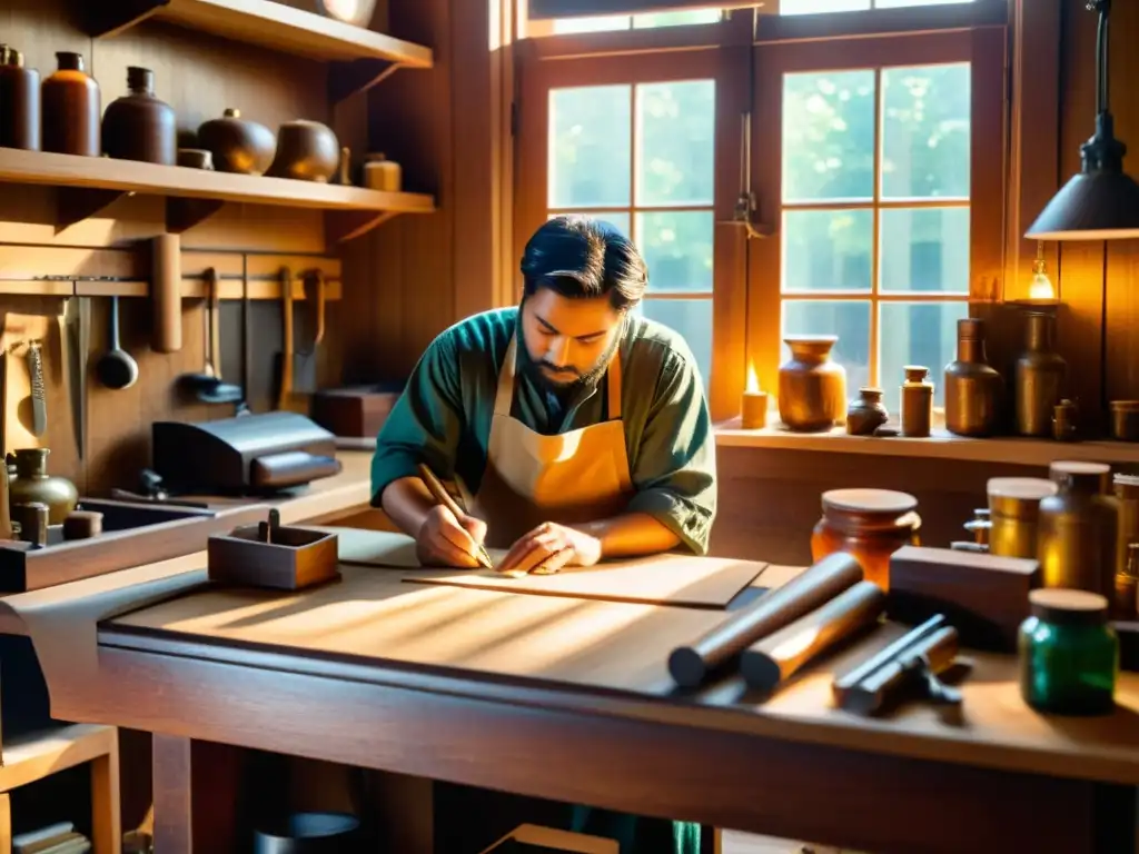 Un grabador tradicional trabaja meticulosamente en su taller, creando diseños en bloques de madera