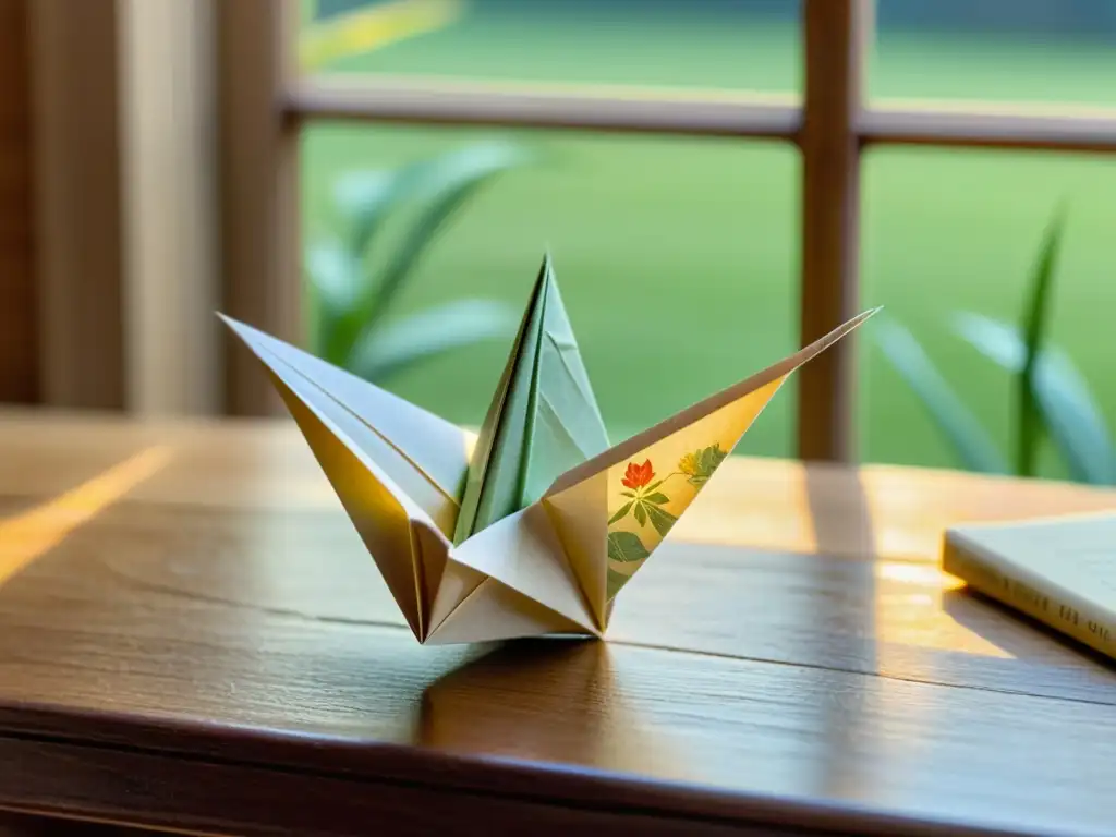 Un grácil origami de grullas en papel vintage descansa sobre una mesa de madera