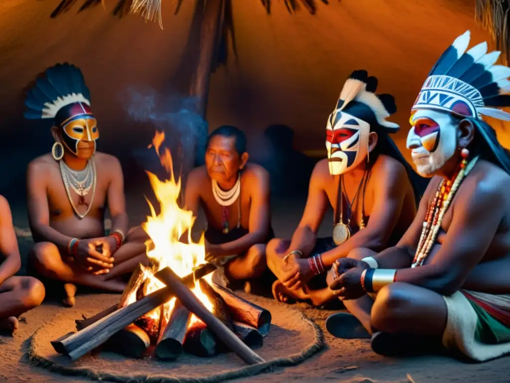 Grupo de ancianos indígenas con máscaras ancestrales alrededor del fuego en ceremonia