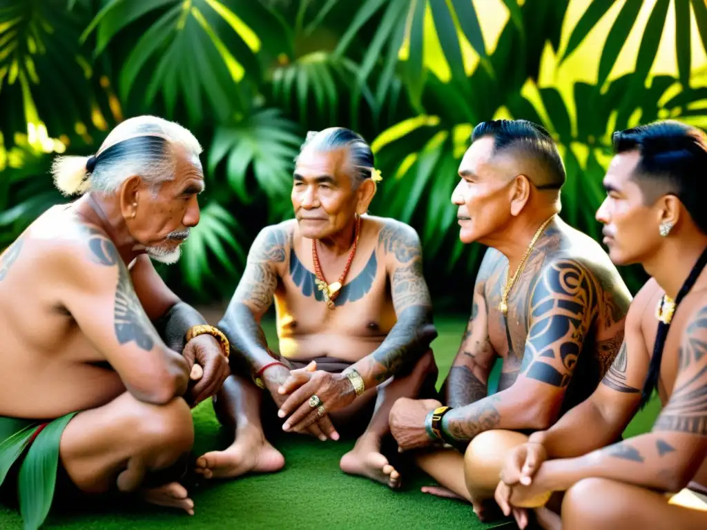 Un grupo de ancianos polinesios con tatuajes tradicionales se reúnen en un círculo, rodeados de exuberante vegetación tropical