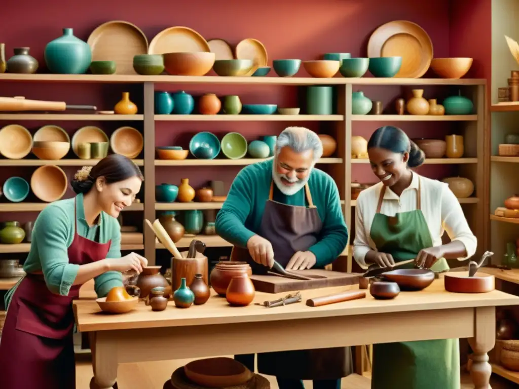 Artesanos creando con pasión y tradición Grupo de artesanos en animada conversación, trabajando en sus manualidades en una mesa de madera