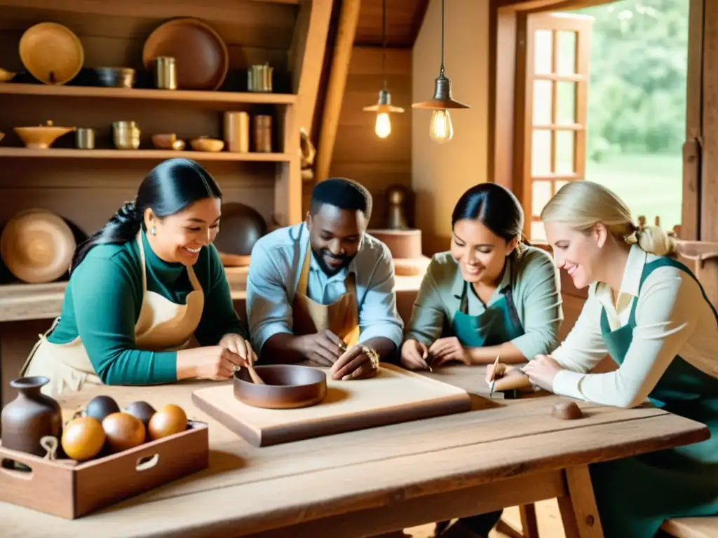 Grupo de artesanos en una animada discusión alrededor de una mesa de madera