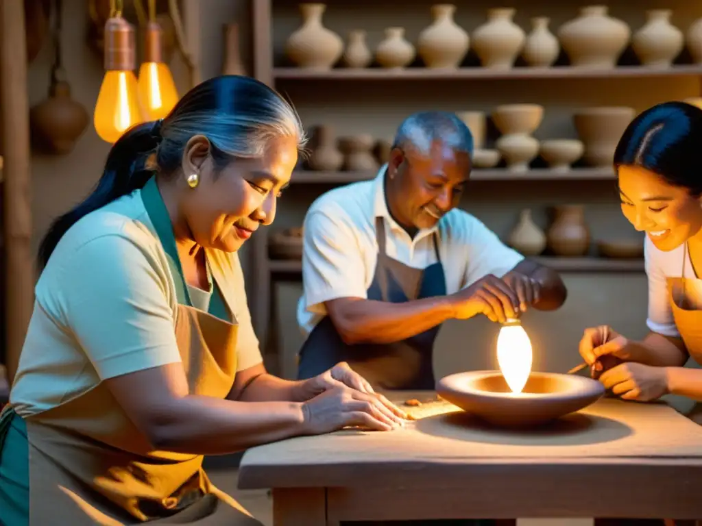 Un grupo de artesanos apasionados trabajando en artesanías a mano, iluminados por cálidas luces vintage