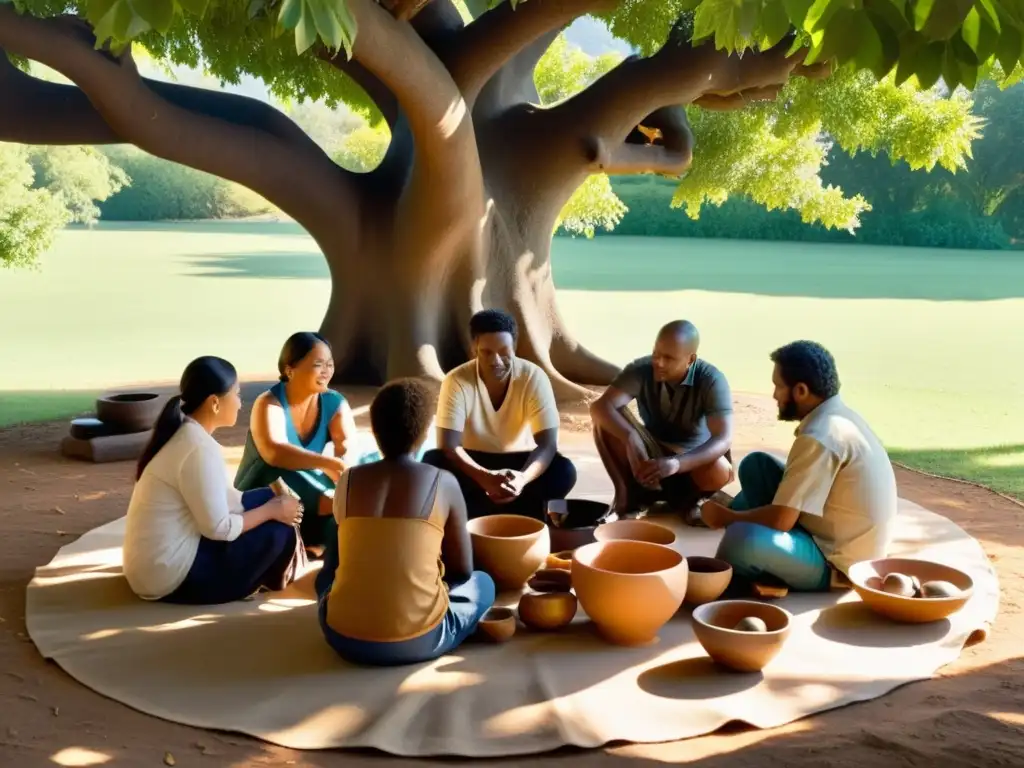 Un grupo de artesanos colaborando bajo un árbol, creando piezas únicas a la luz cálida del sol