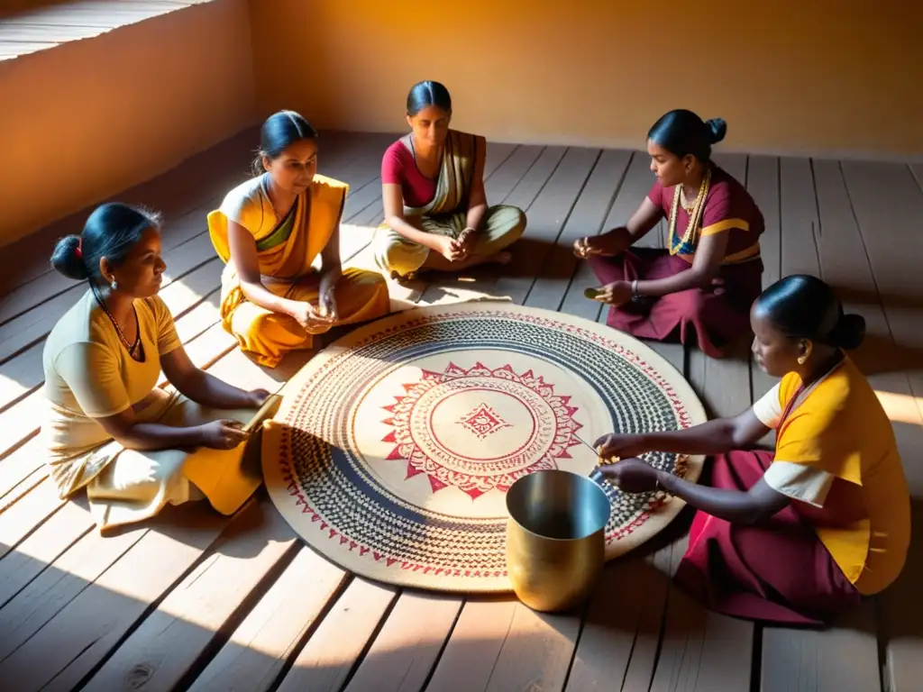 Un grupo de artesanos se reúnen en círculo, trabajando con materiales tradicionales al atardecer