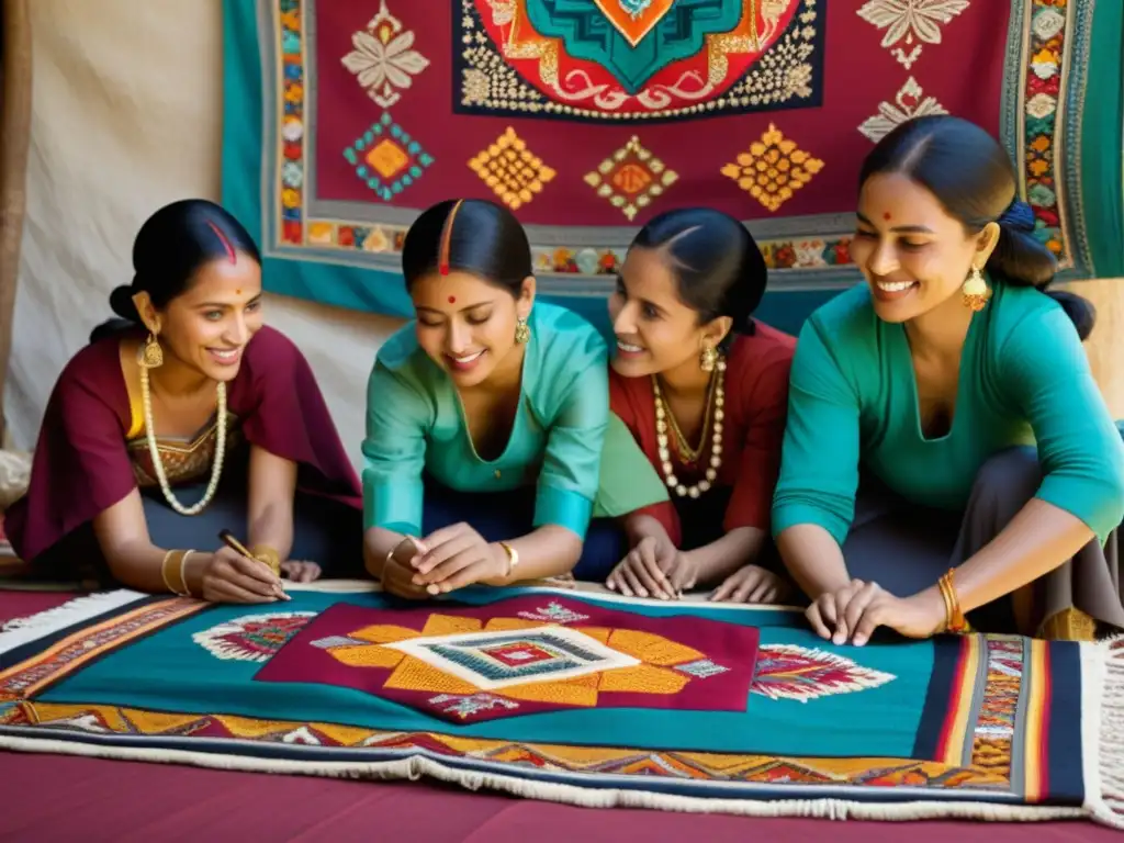 Grupo de artesanos trabajando en una colorida tapicería, reflejando la empoderadora artesanía tradicional