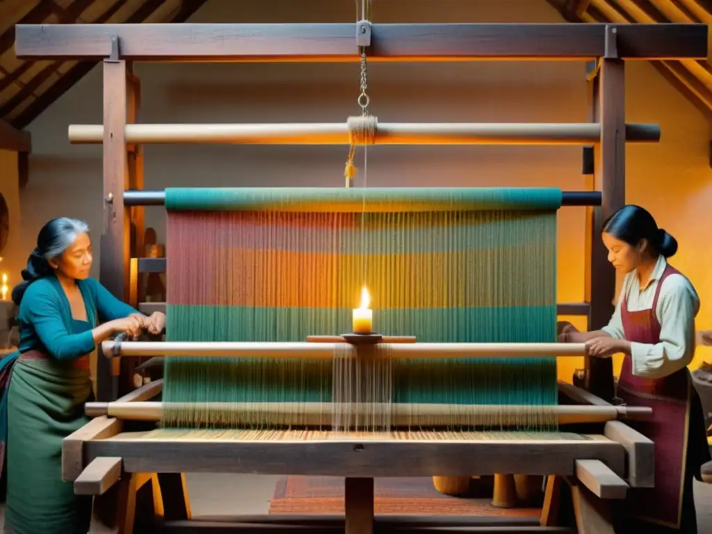 Grupo de artesanos tejiendo una colorida tapicería en un telar, iluminados por la cálida luz de las velas