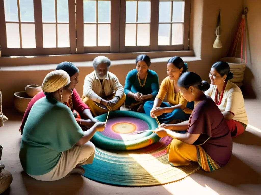 Grupo de artesanos tejiendo en comunidad, rodeados de hilos y herramientas de tejido, en un taller lleno de creatividad y tradición