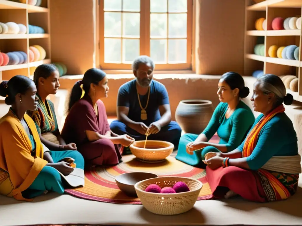 Un grupo de artesanos de comunidades marginadas tejiendo juntos en un círculo, rodeados de hilos coloridos y telares tradicionales