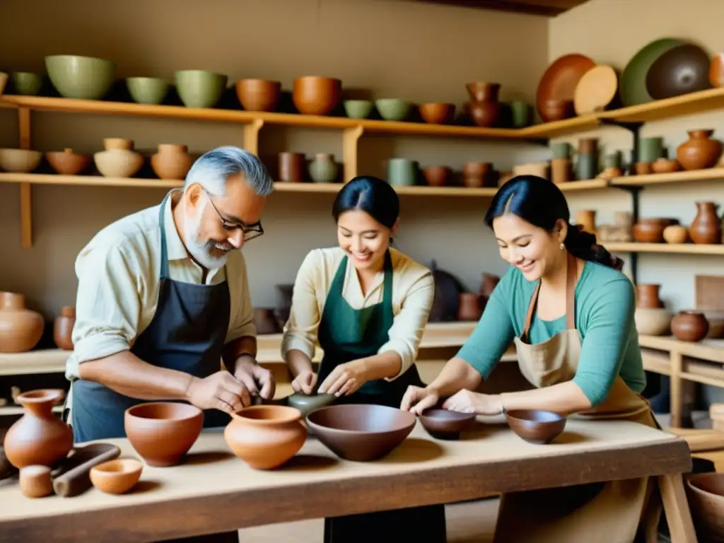 Grupo de artesanos trabajando en cooperativas artesanales digitales, rodeados de productos tradicionales en ambiente cálido y acogedor