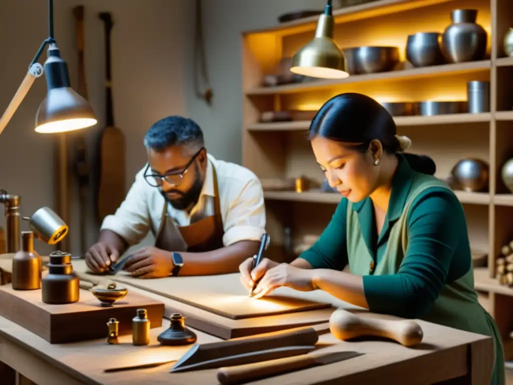 Un grupo de artesanos colaborando en la creación de artesanía digital, fusionando técnicas tradicionales con tecnología moderna