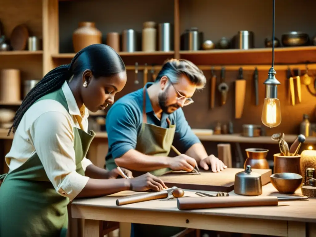 Artesanos creando productos a mano con pasión y precisión Un grupo de artesanos colabora en la creación de productos artesanales en un taller cálido y acogedor