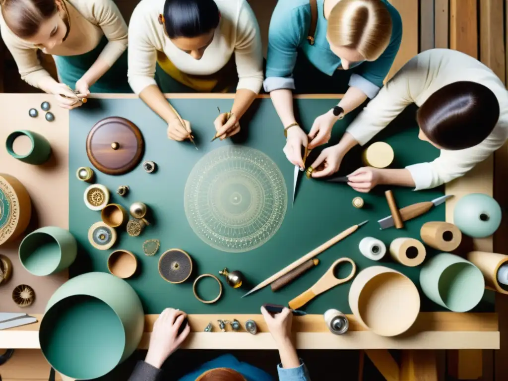 Un grupo de artesanos digitales colaborando en una mesa de trabajo, rodeados de herramientas y materiales