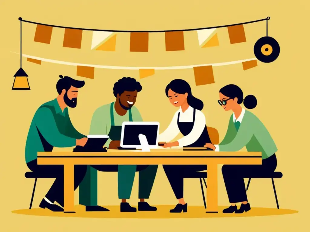 Un grupo de artesanos se reúne alrededor de una estación digital, compartiendo historias y conocimientos mientras trabajan en sus proyectos individuales