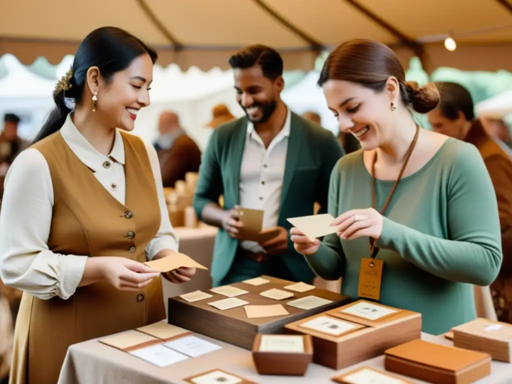 Artesanos en Feria: Comunidad y Artesanía Grupo de artesanos en feria de artesanía, compartiendo consejos networking y exhibiendo sus productos hechos a mano