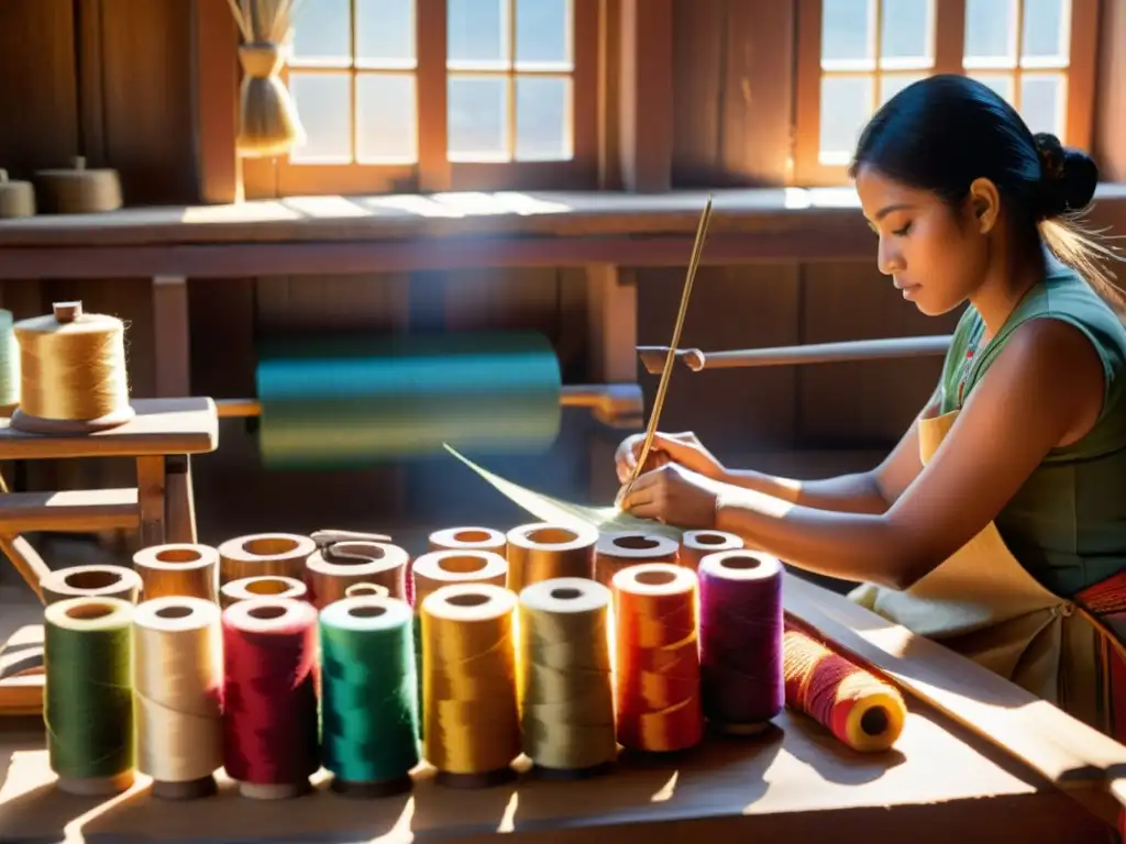 Un grupo de artesanos hábiles teje textiles tradicionales en un taller soleado, rodeados de hilos de colores y telares