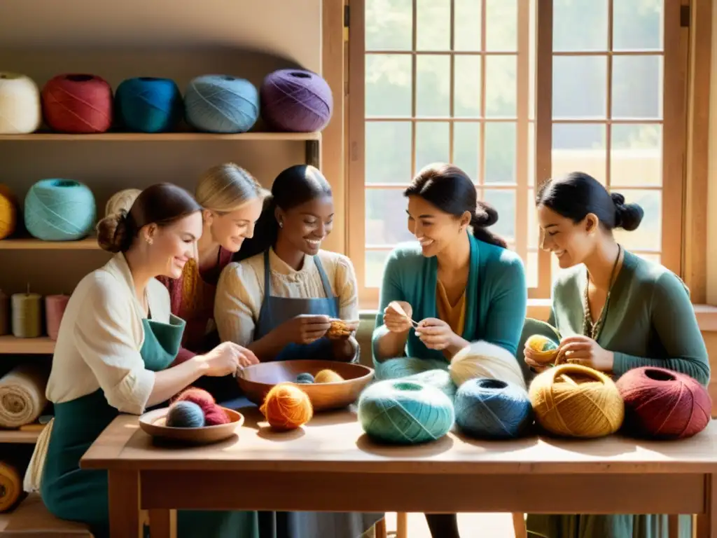 Grupo de artesanos compartiendo ideas en una mesa de madera, rodeados de hilos y telas