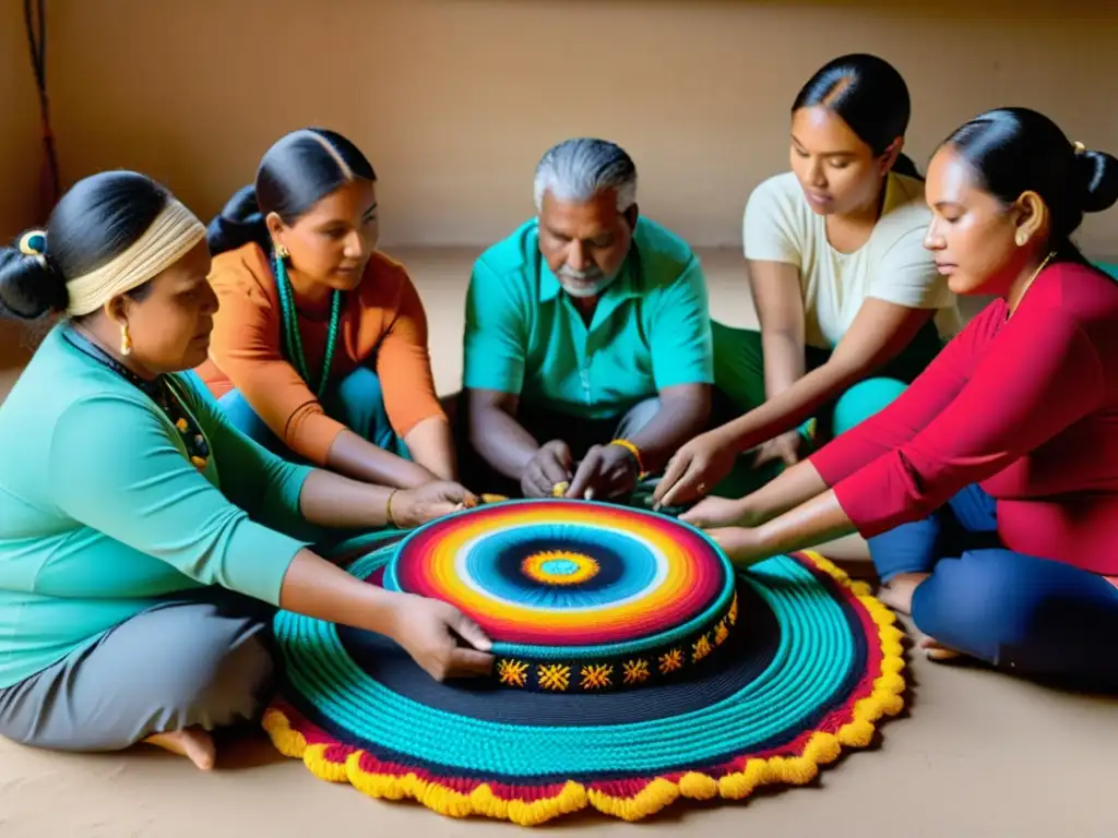 Grupo de artesanos indígenas preservando la artesanía con impresión 3D, tejiendo y esculpiendo en un ambiente cálido y vibrante