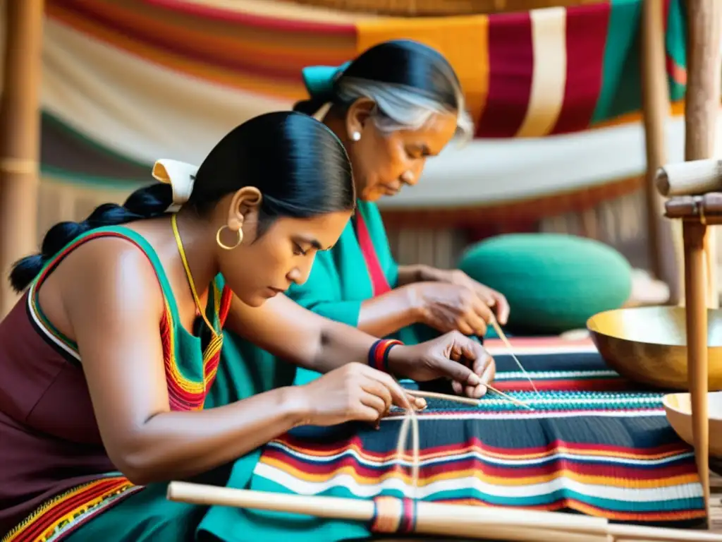 Un grupo de artesanos indígenas crea artesanías rodeados de textiles vibrantes y materiales naturales