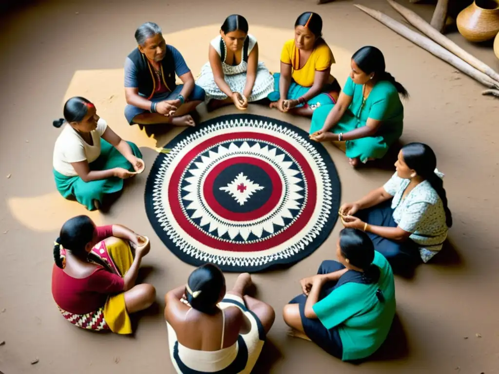 Grupo de artesanos indígenas tejiendo textiles coloridos, evocando tradición y autenticidad