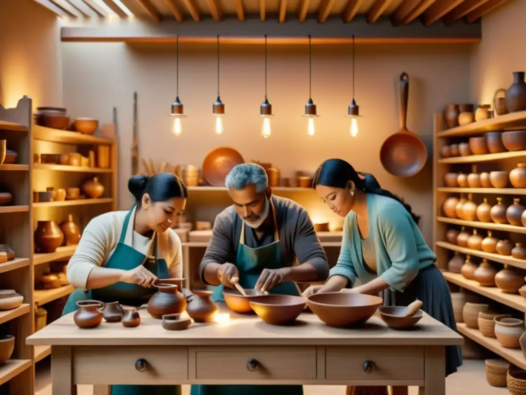 Grupo de artesanos inmersos en talleres colaborativos de artesanía tradicional, creando con herramientas y materiales tradicionales