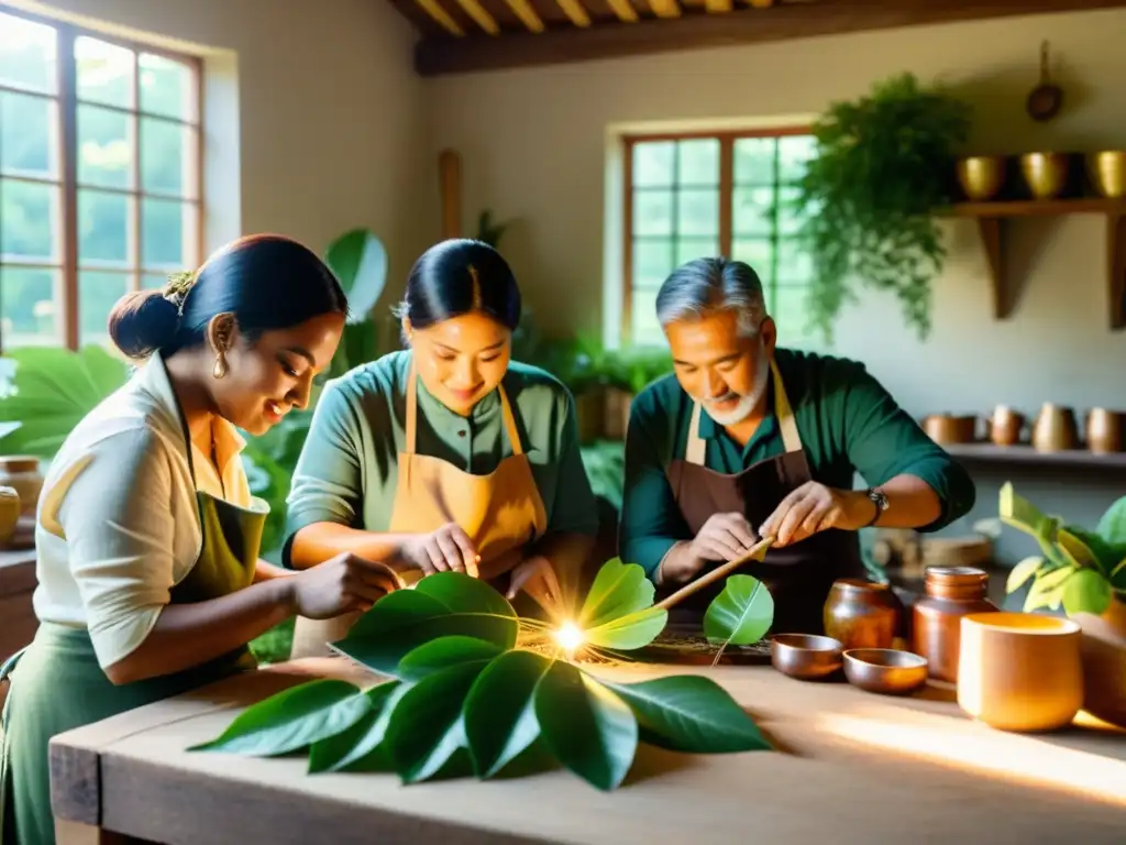 Un grupo de artesanos trabajando juntos en armonía con la naturaleza, produciendo de forma artesanal y beneficiando el medio ambiente