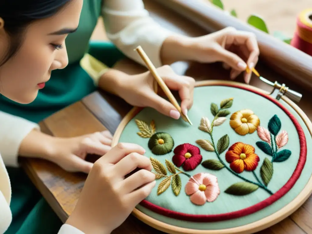 Grupo de artesanos trabajando juntos en delicados bordados con hilo vibrante bajo cálida luz natural