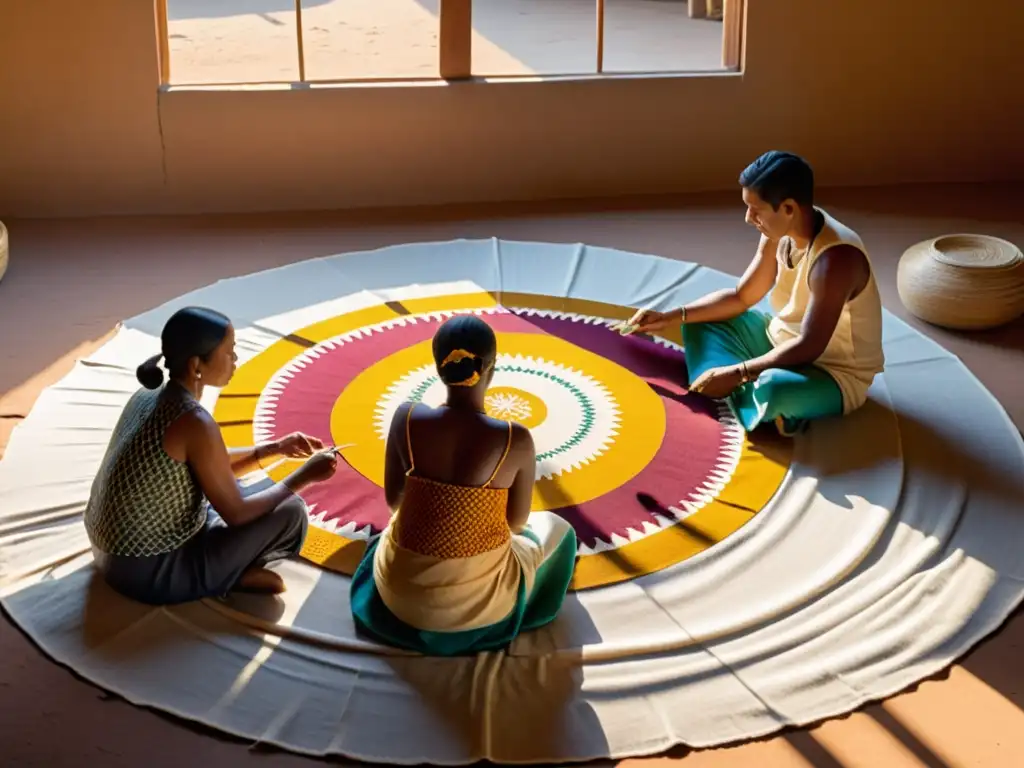 Un grupo de artesanos teje juntos una hermosa alfombra en un cálido taller, evocando la esencia de aprendizaje colaborativo producción artesanal