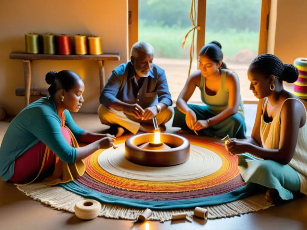 Grupo de artesanos creando juntos una pieza textil en un ambiente cálido y colaborativo