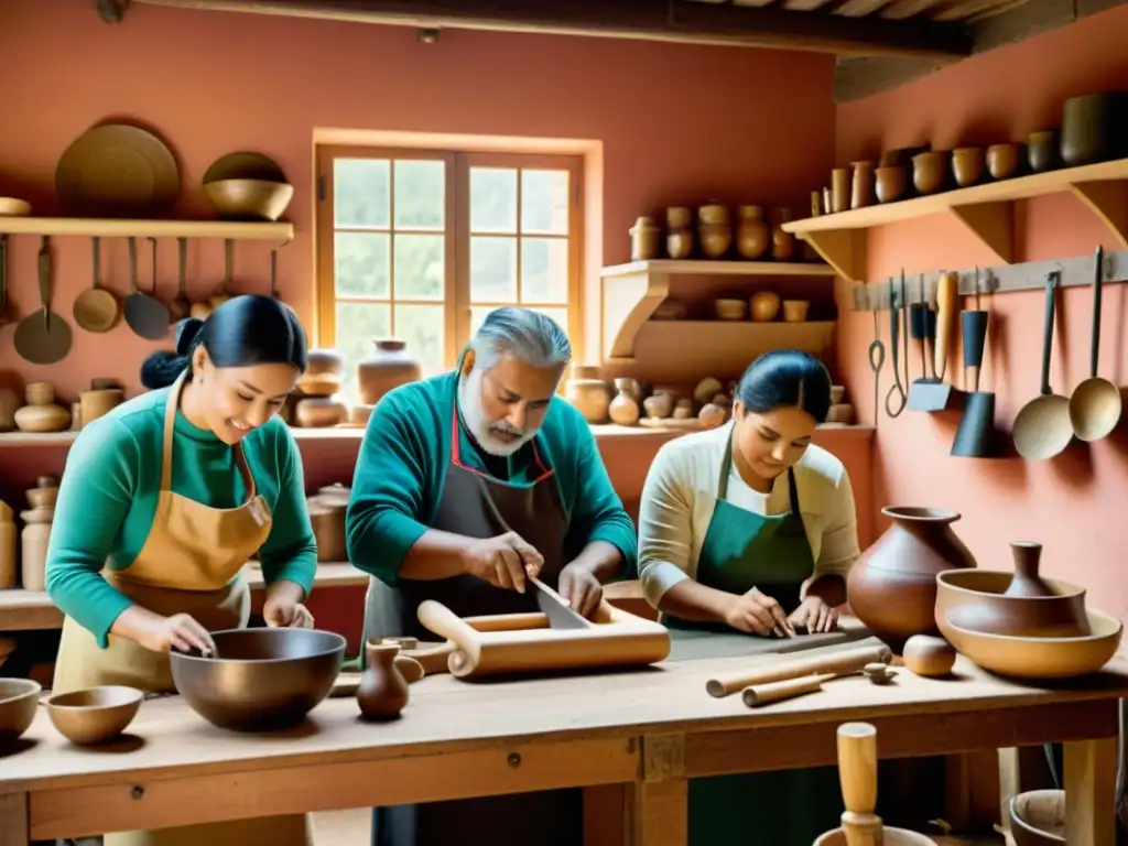 Grupo de artesanos trabajando juntos en un taller tradicional, rodeados de coloridas artesanías hechas a mano y herramientas