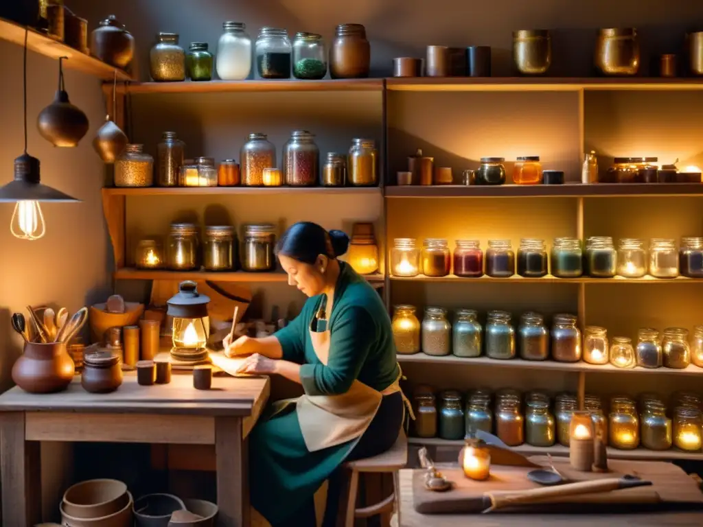 Un grupo de artesanos trabajando juntos en un taller acogedor y con poca luz, rodeados de herramientas y materiales vintage