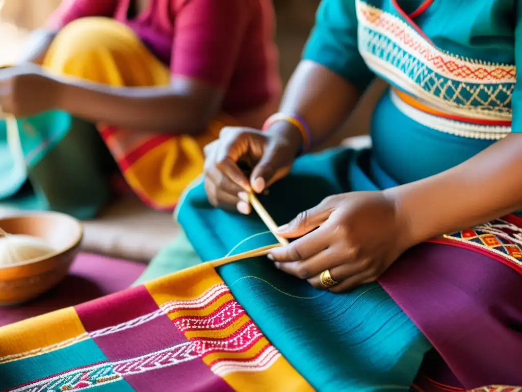 Un grupo de artesanos locales teje hábilmente textiles vibrantes, resaltando la artesanía tradicional