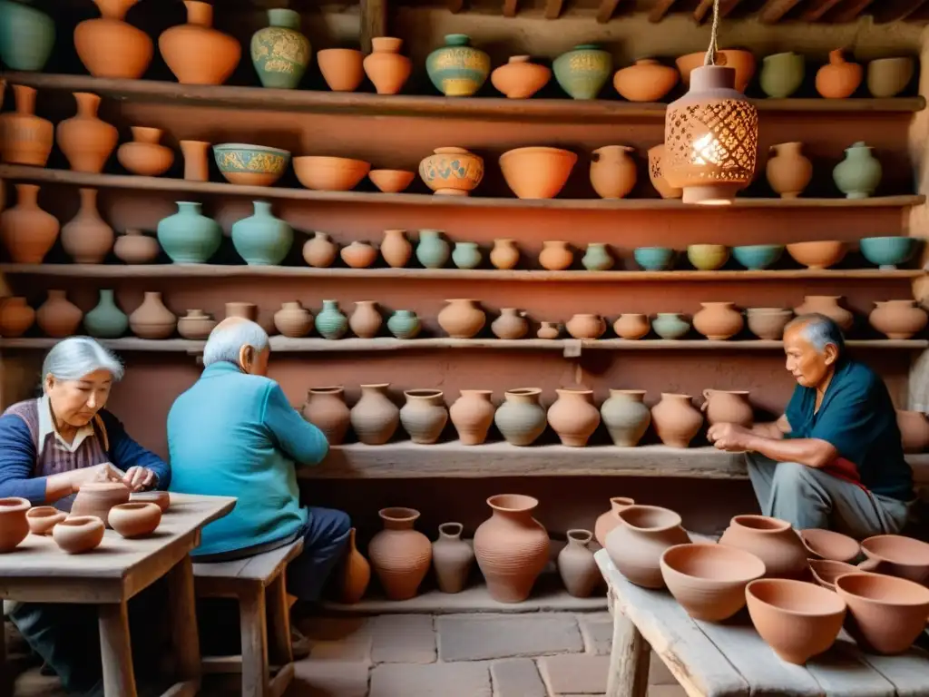 Un grupo de artesanos mayores trabajando en un taller acogedor, iluminado por antiguas linternas