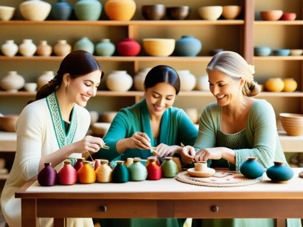 Un grupo de artesanos se reúne alrededor de una mesa, mostrando sus artesanías tradicionales en una animada discusión