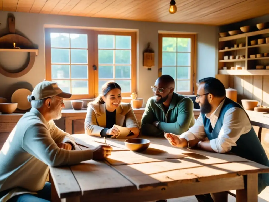 Un grupo de artesanos colabora en una mesa de madera, discutiendo estrategias de marketing conjunto para artesanos en un taller vintage