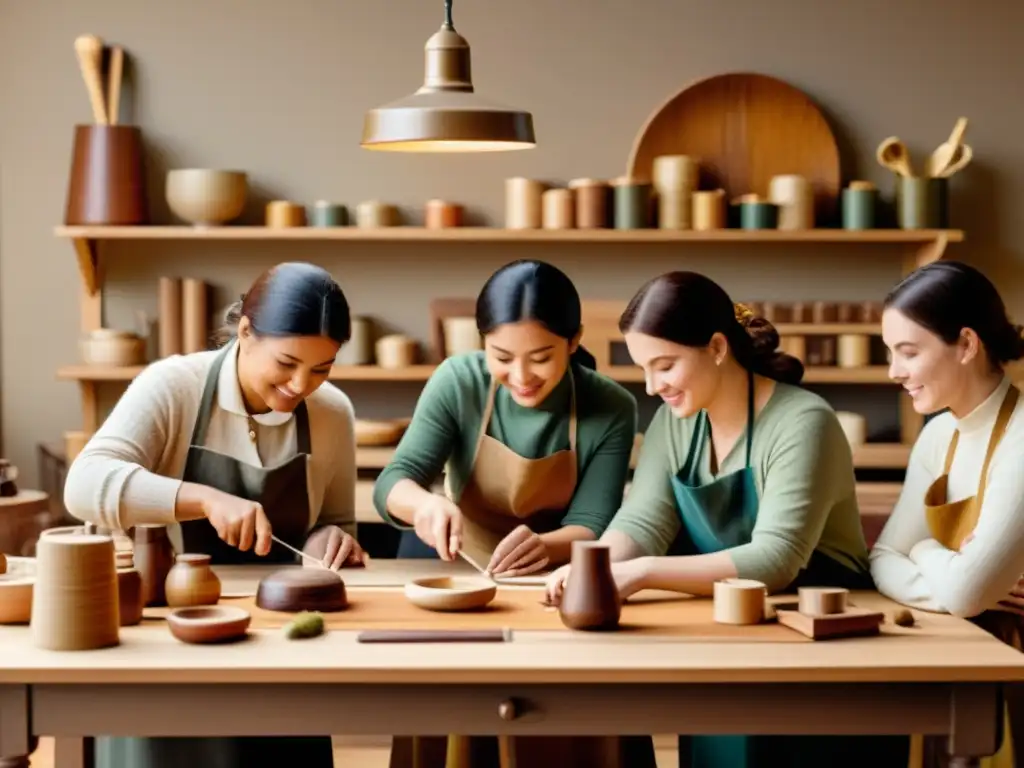 Un grupo de artesanos se reúne alrededor de una mesa, trabajando con determinación en sus oficios