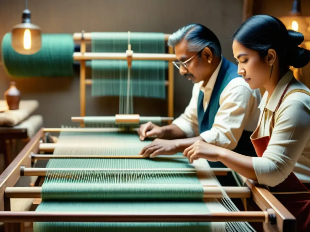 Grupo de artesanos tejiendo patrones intrincados en telar digital, fusionando tradición y tecnología