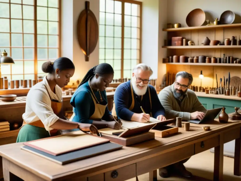 Grupo de artesanos colaborando en plataformas virtuales, rodeados de herramientas y luz natural en un ambiente vintage