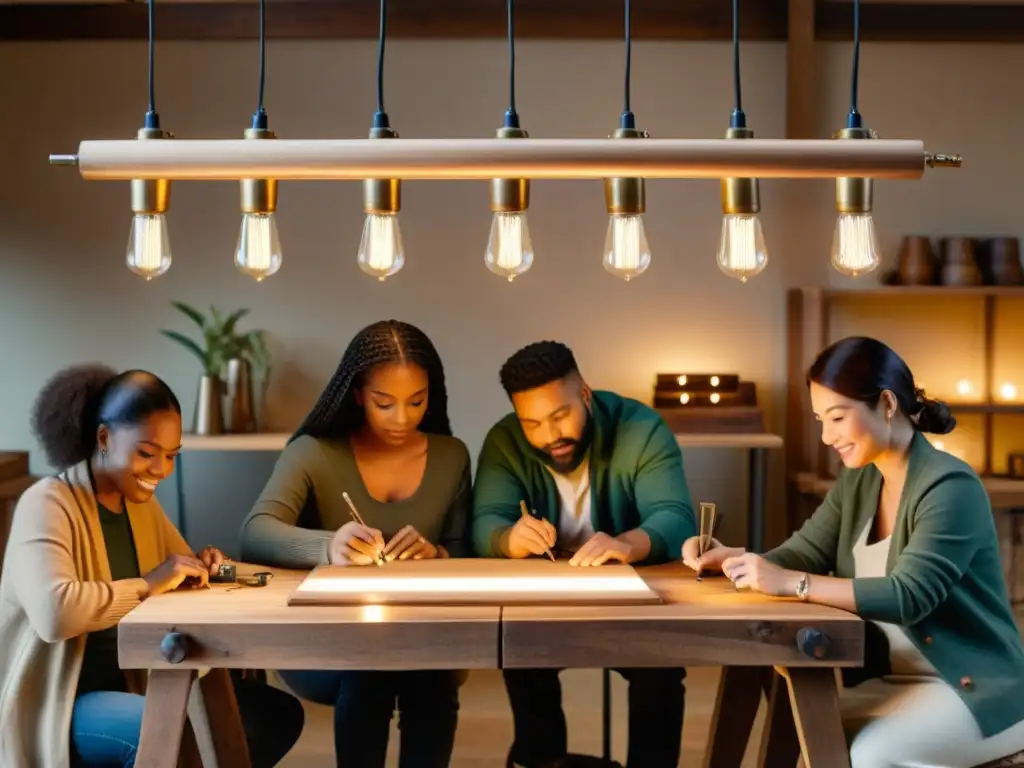 Grupo de artesanos diversos trabajando en proyectos de artesanía digital en una mesa de madera vintage, bajo cálida iluminación de bombillas Edison