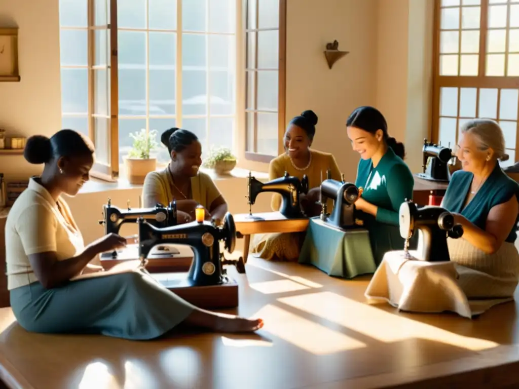 Un grupo de artesanos disfrutando de una sesión de aprendizaje colaborativo rodeados de máquinas de coser vintage y herramientas