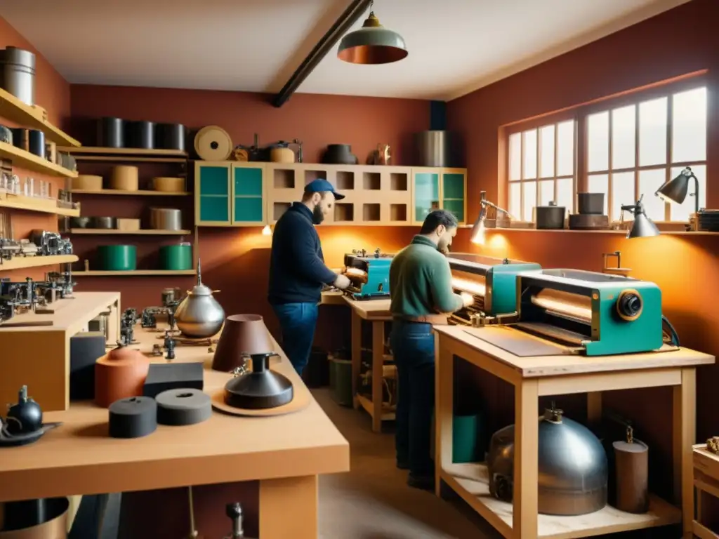 Grupo de artesanos trabajando en un taller pintoresco, con herramientas vintage y tecnologías DIY, mostrando el impacto de las tecnologías DIY en la artesanía tradicional