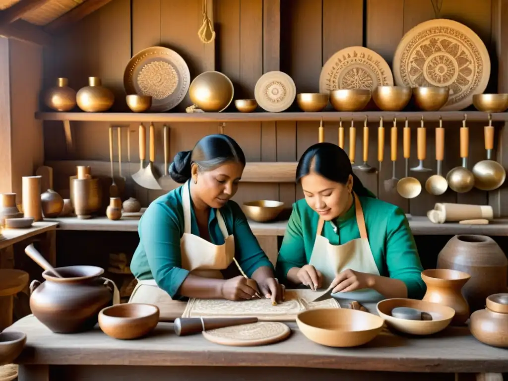 Grupo de artesanos colaborando en un taller tradicional, rodeados de herramientas y materiales