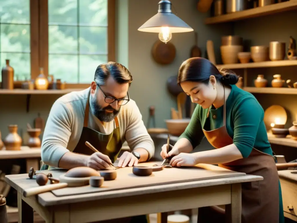 Un grupo de artesanos colaborando en un taller vintage, rodeados de productos hechos a mano y herramientas