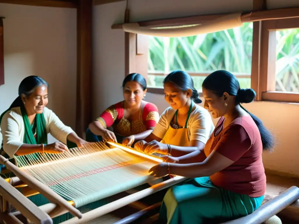 Un grupo de artesanos teje en telares tradicionales, creando textiles que reflejan la rica herencia cultural de su comunidad